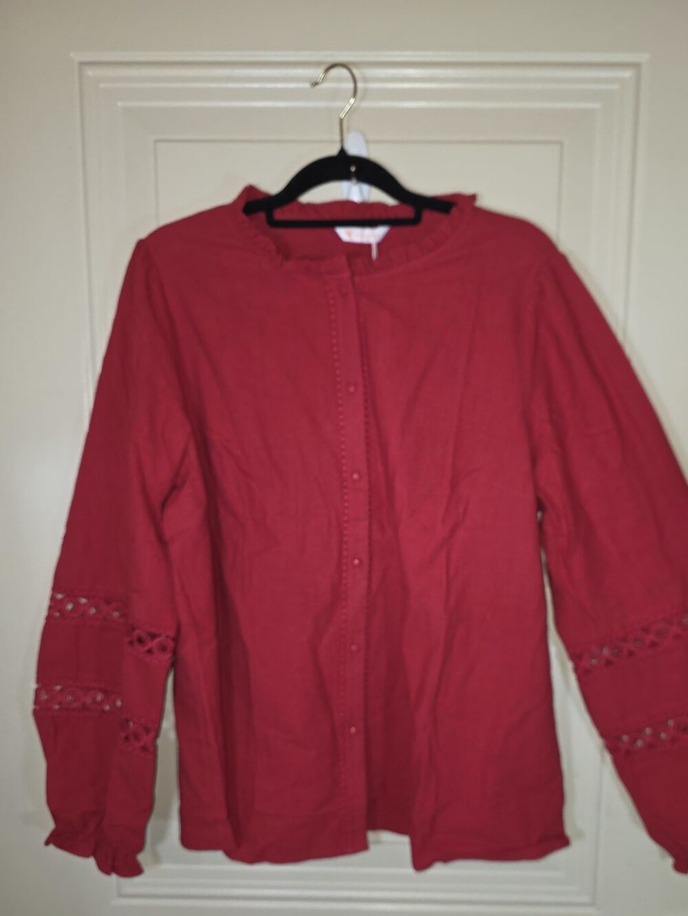 KIRUNDO XL Dark Red Burgundy 100% Cotton Eyelet Embroidered Long Sleeve Button- - Picture 4 of 13